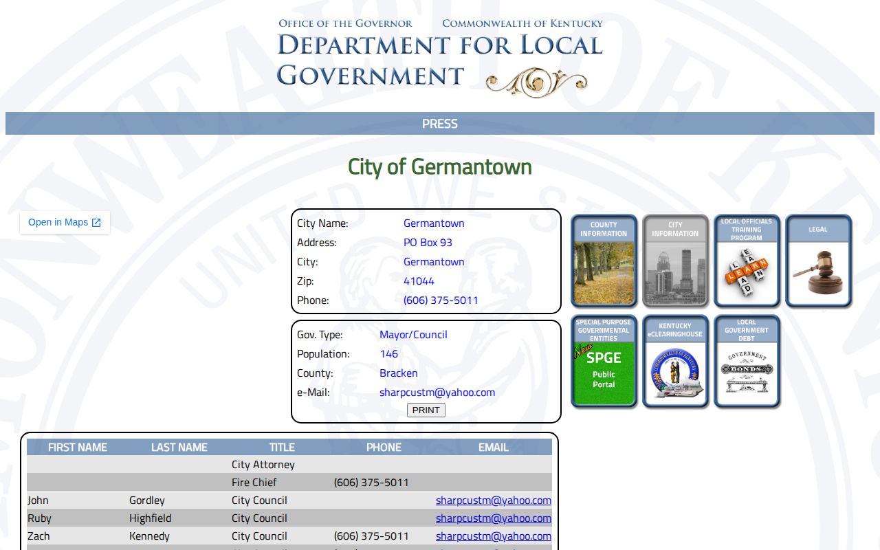 Germantown Kentucky city record used to route busted mugshot and arrest searches