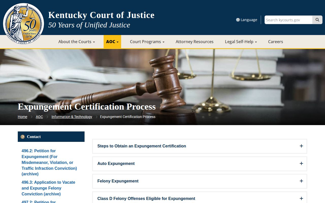 Kentucky Courts official expungement guidance page